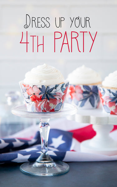 Patriotic Floral Cupcake Wrappers - Red/White/Blue/Gold - Greengate Images