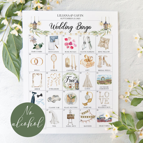 Wedding Bingo Cards - 100 card, NO alcohol references, personalization - Greengate Images
