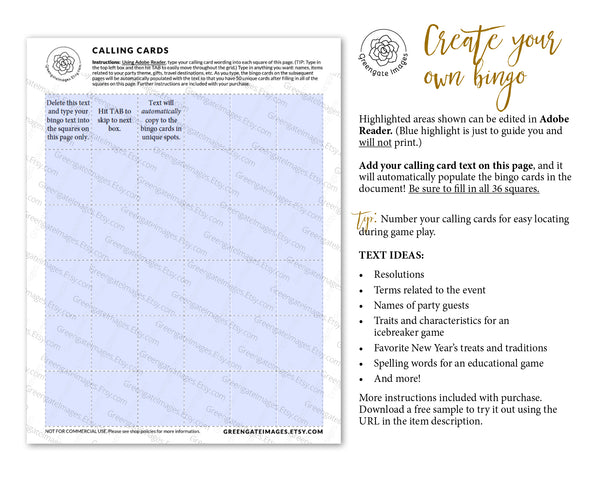 New Year's Bingo Template - Greengate Images