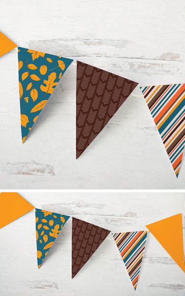 Fall Bunting - Teal, Gold, Brown Leaves and Stripes - Greengate Images