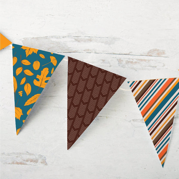Fall Bunting - Teal, Gold, Brown Leaves and Stripes - Greengate Images