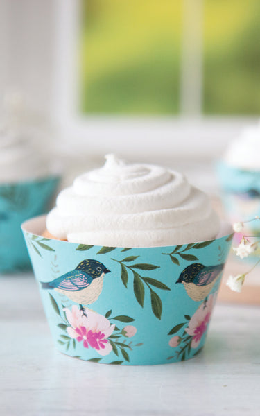 Birds & Flowers Cupcake Wrapper - Aqua - Greengate Images