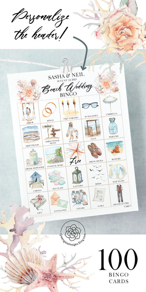 Beach Wedding Bingo - 100 cards with personalized header - Greengate Images
