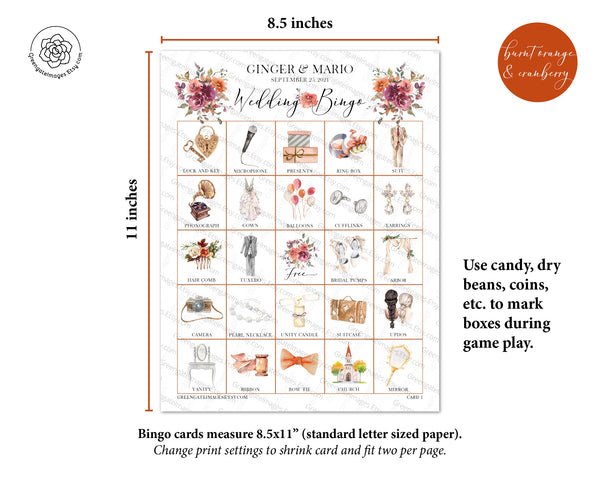 Wedding Bingo Cards - 100 card, Personalization, Burnt Orange and Cranberry - Greengate Images