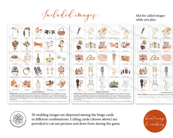 Wedding Bingo Cards - 100 card, Personalization, Burnt Orange and Cranberry - Greengate Images