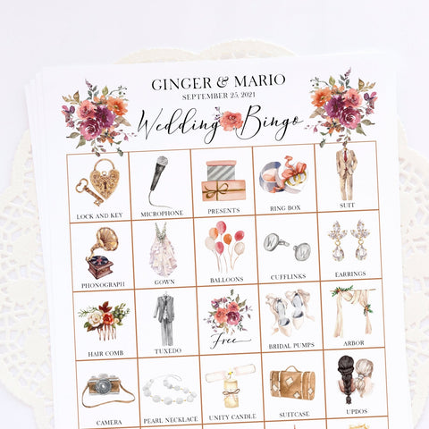 Wedding Bingo Cards - 100 card, Personalization, Burnt Orange and Cranberry