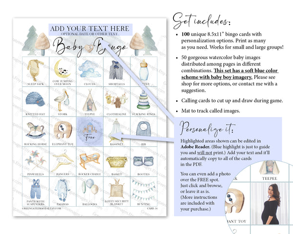 Baby Shower Bingo - Personalization, Boy/Blue - Greengate Images