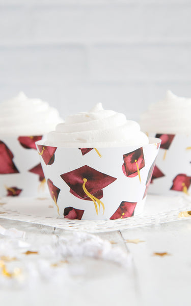 Burgundy Graduation Cupcake Wrapper - Flying Caps - Greengate Images