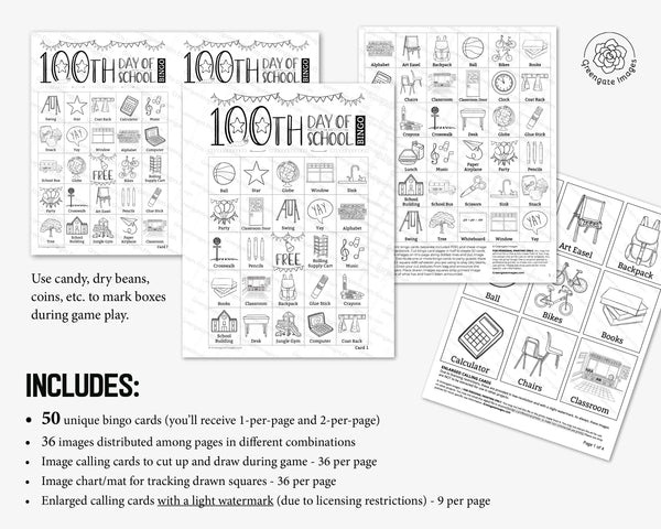 100th Day of School Bingo - Black and White - Greengate Images