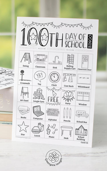 100th Day of School Bingo - Black and White - Greengate Images