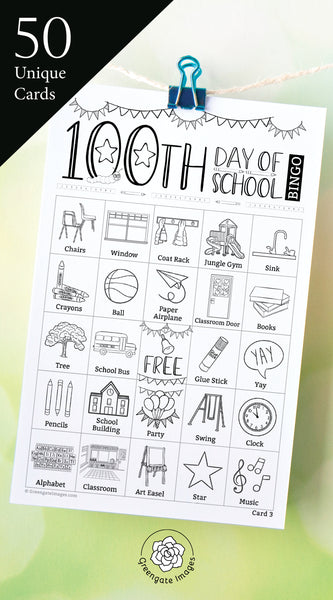 100th Day of School Bingo - Black and White - Greengate Images
