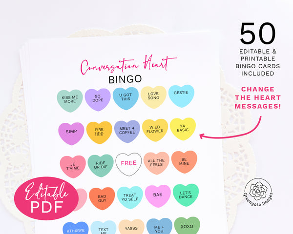 Conversation Heart Bingo - Editable Template - Greengate Images