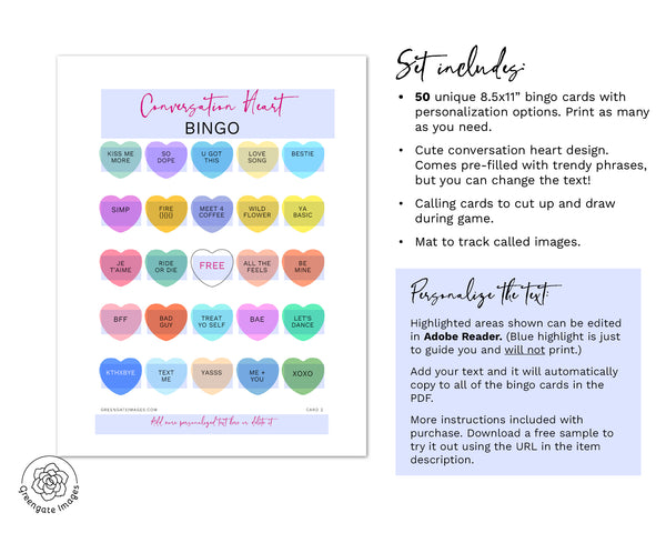 Conversation Heart Bingo - Editable Template - Greengate Images