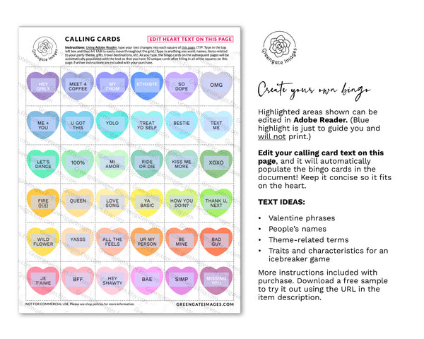 Conversation Heart Bingo - Editable Template - Greengate Images