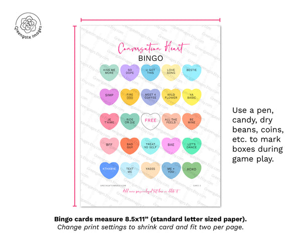 Conversation Heart Bingo - Editable Template - Greengate Images