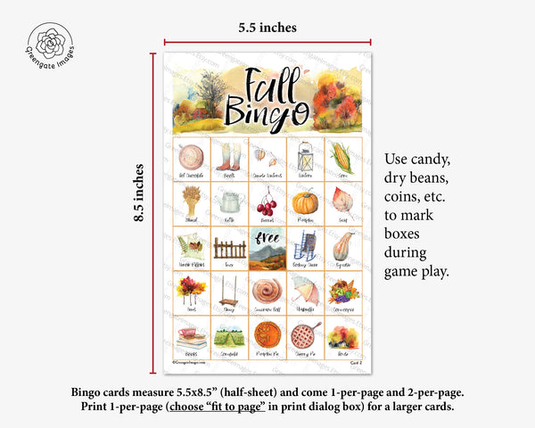 Fall Bingo Cards - Watercolor 2 - Greengate Images