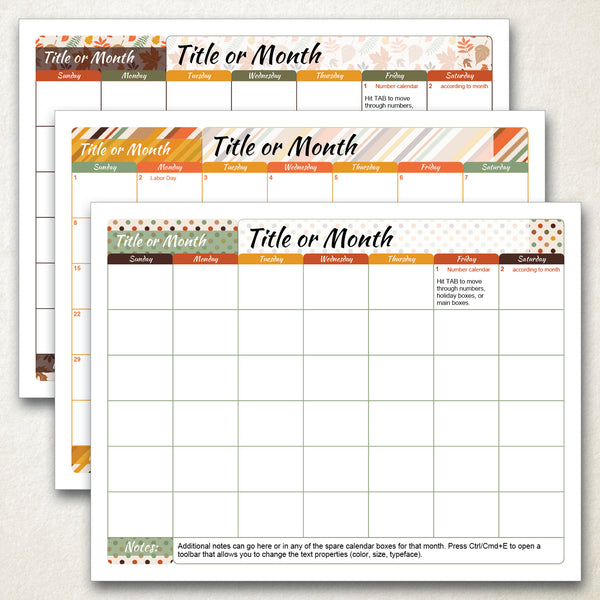 Fall Themed 8.5x11" Calendar Templates - Greengate Images
