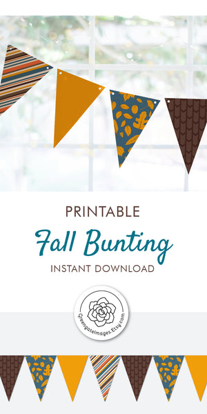 Fall Bunting - Teal, Gold, Brown Leaves and Stripes - Greengate Images