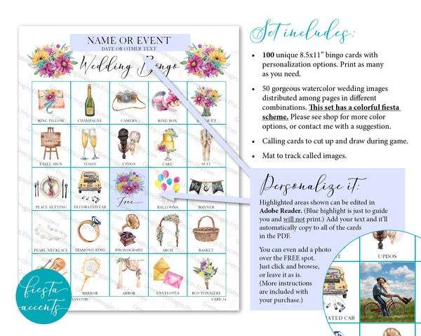 Wedding Bingo Cards - 100 card, Personalization, Fiesta - Greengate Images