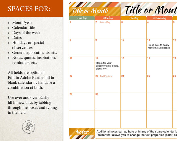 Fall Themed 8.5x11" Calendar Templates - Printable Digital Download by Greengate Images