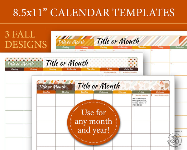 Fall Themed 8.5x11" Calendar Templates - Printable Digital Download by Greengate Images