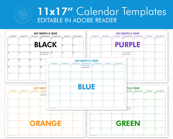 11x17" Editable Calendar Templates - 5 Colors - Printable Digital Download by Greengate Images