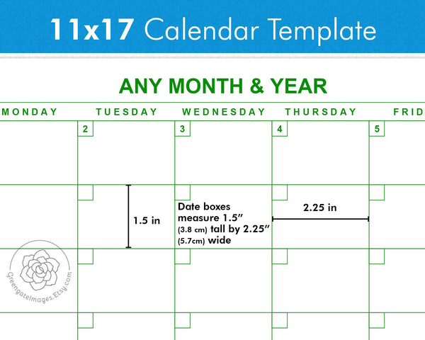 11x17" Editable Calendar Templates - 5 Colors - Printable Digital Download by Greengate Images