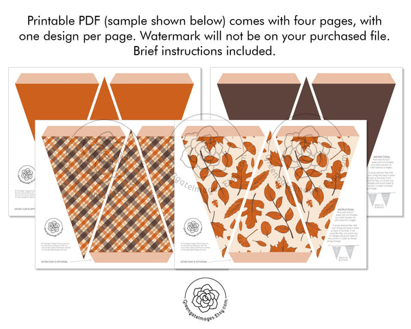 Fall Bunting - Orange, Brown Leaves and Plaid - Printable Digital Download by Greengate Images