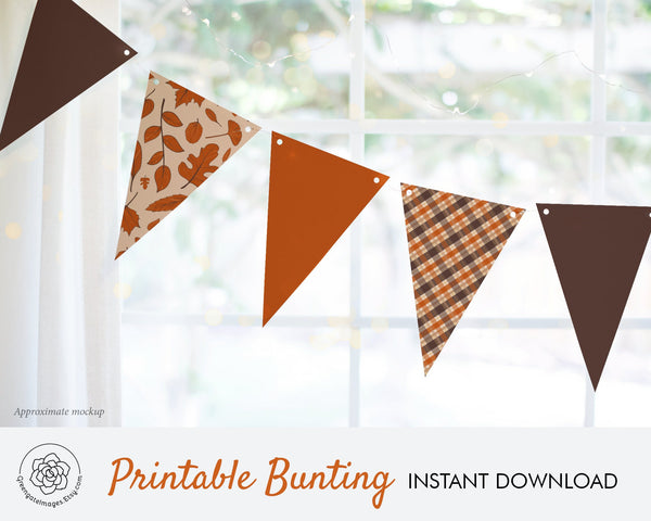 Fall Bunting - Orange, Brown Leaves and Plaid - Printable Digital Download by Greengate Images
