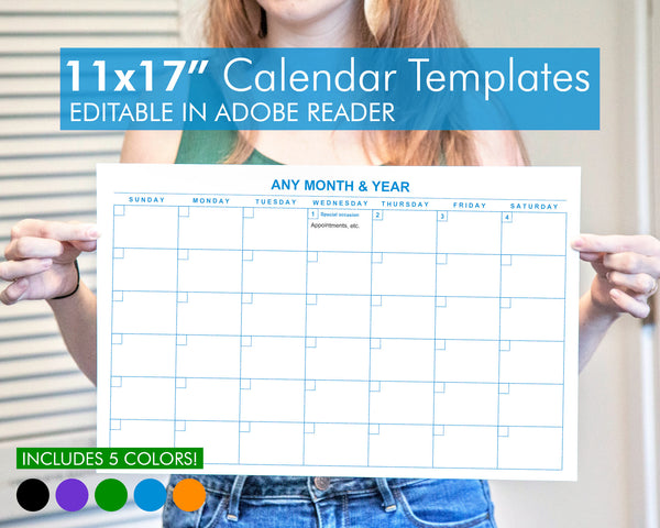 11x17" Editable Calendar Templates - 5 Colors - Printable Digital Download by Greengate Images