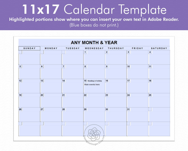 11x17 Calendar Template - Black and White - Greengate Images