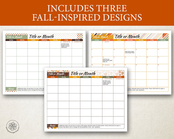 Fall Themed 8.5x11" Calendar Templates - Printable Digital Download by Greengate Images