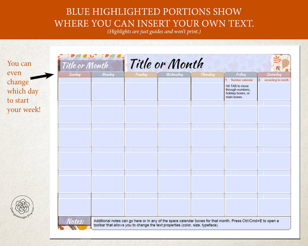 Fall Themed 8.5x11" Calendar Templates - Printable Digital Download by Greengate Images