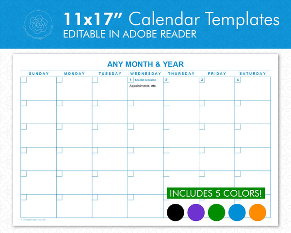 11x17" Editable Calendar Templates - 5 Colors - Printable Digital Download by Greengate Images