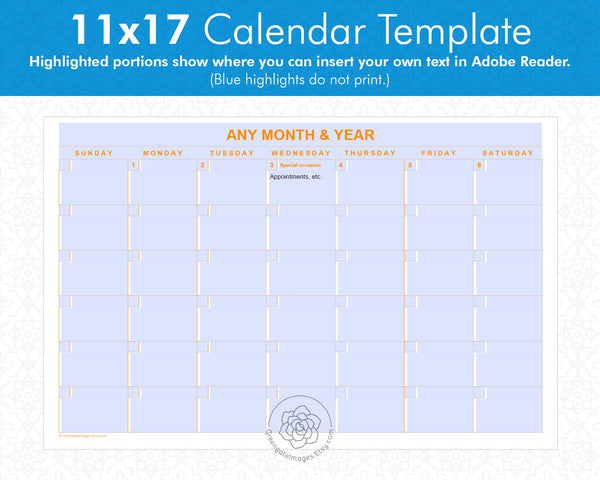 11x17" Editable Calendar Templates