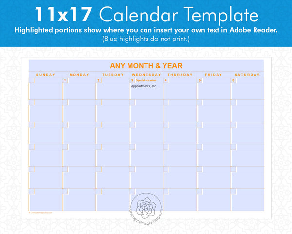 11x17" Editable Calendar Templates - 5 Colors - Printable Digital Download by Greengate Images