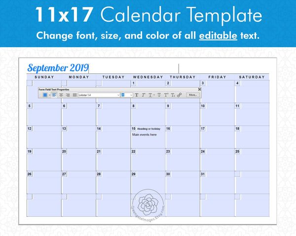 11x17" Editable Calendar Templates - 5 Colors - Printable Digital Download by Greengate Images