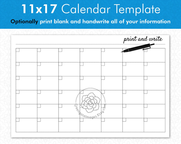 11x17" Editable Calendar Templates - 5 Colors - Printable Digital Download by Greengate Images