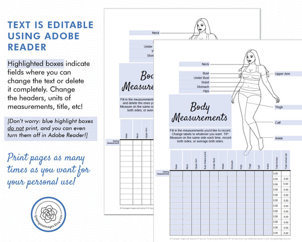Body Measurement Tracker - Printable Digital Download by Greengate Images
