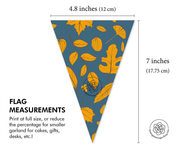 Fall Bunting - Teal, Gold, Brown Leaves and Stripes - Printable Digital Download by Greengate Images