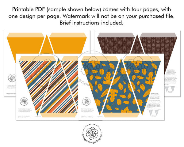Fall Bunting - Teal, Gold, Brown Leaves and Stripes - Printable Digital Download by Greengate Images