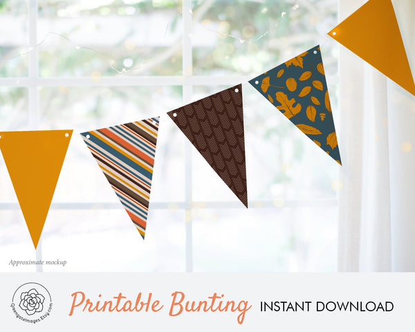 Fall Bunting - Teal, Gold, Brown Leaves and Stripes - Printable Digital Download by Greengate Images