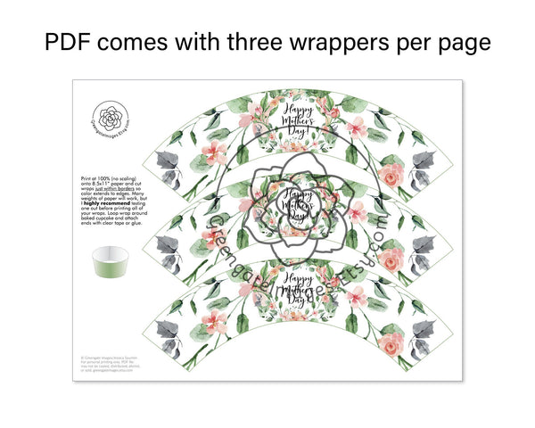 Mother's Day Cupcake Wrappers - Pink Floral - Printable Digital Download by Greengate Images