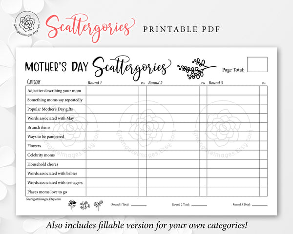 Mother's Day Scattergories - Printable Digital Download by Greengate Images