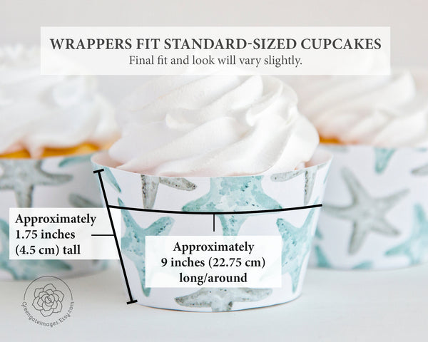 Starfish Cupcake Wrapper - Gray and Aqua Blue - Printable Digital Download by Greengate Images