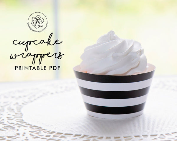 Black and White Striped Cupcake Wrappers - Printable Digital Download by Greengate Images