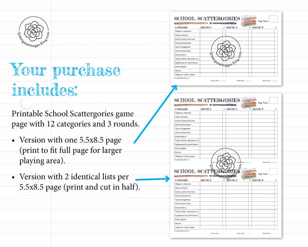 School Scattergories - Printable Digital Download by Greengate Images