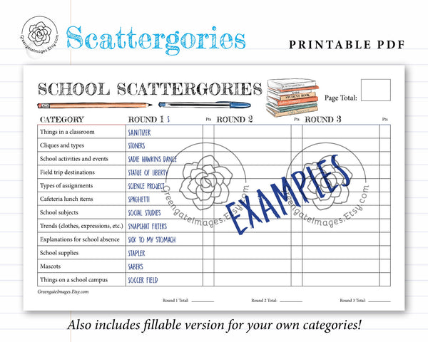 School Scattergories - Printable Digital Download by Greengate Images