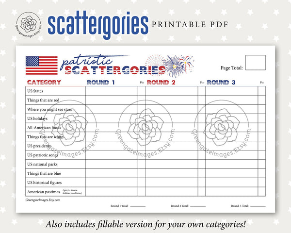 Patriotic Scattergories - Printable Digital Download by Greengate Images