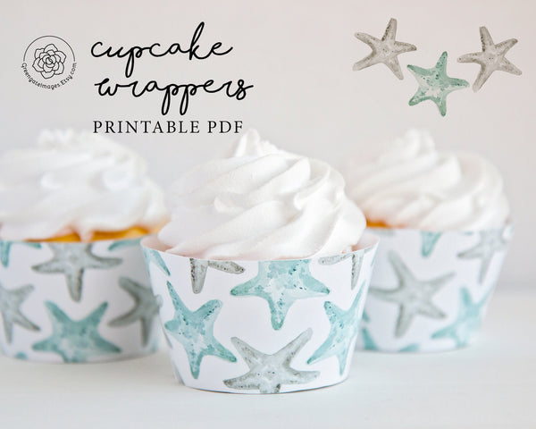 Starfish Cupcake Wrapper - Gray and Aqua Blue - Printable Digital Download by Greengate Images